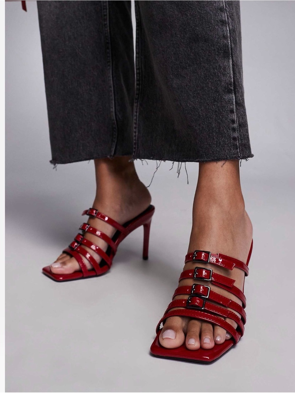 River Island Red Patent Strappy Buckle High Heel Mules